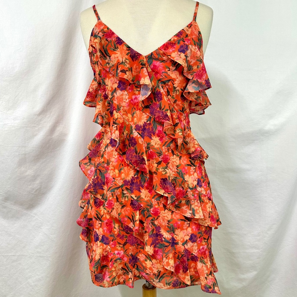 LOVERS & FRIENDS REVOLVE Hazel Mini Dress Orange Floral Ruffle Women's S Resort
